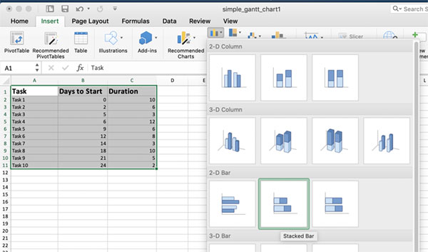 Step 4 - Insert a Stacked Bar Chart