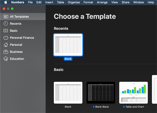 Open Numbers and create a new spreadsheet using the Blank template.